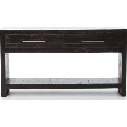 Suki Console Table by Four Hands in burnished black. Made from resawn mixed wood in a modern style.
