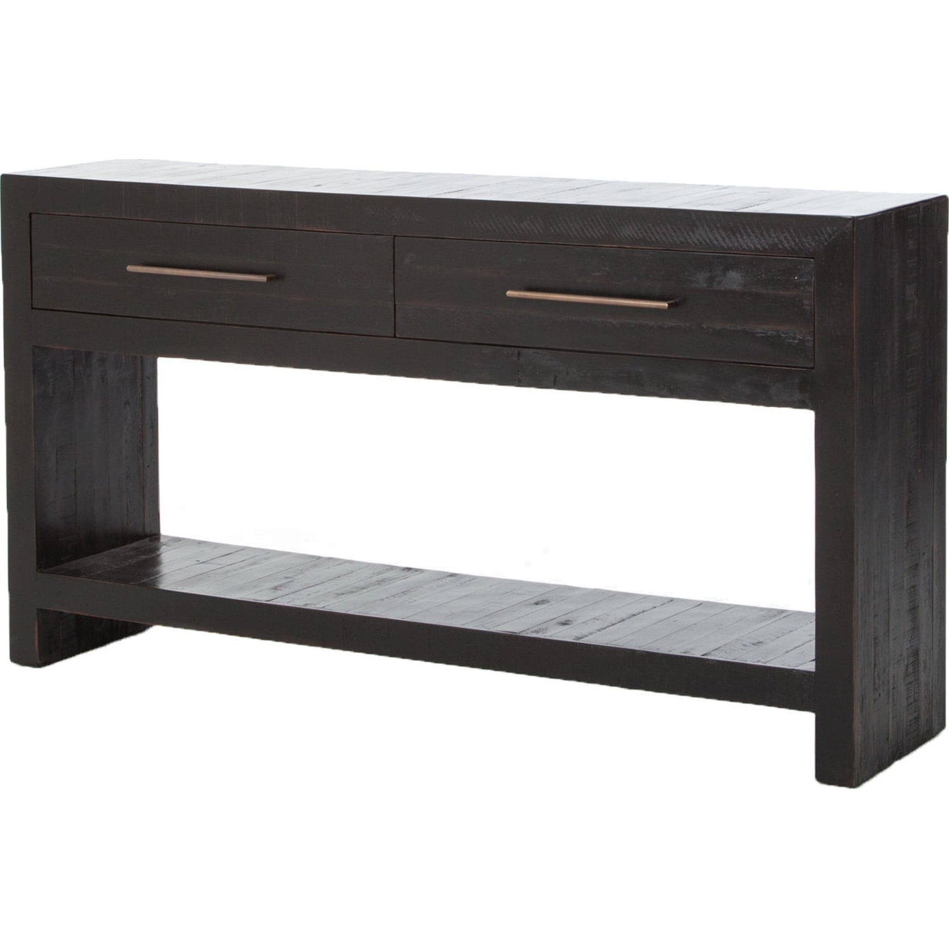 Suki Console Table by Four Hands in burnished black. Made from resawn mixed wood in a modern style.