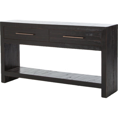 Suki Console Table by Four Hands in burnished black. Made from resawn mixed wood in a modern style.