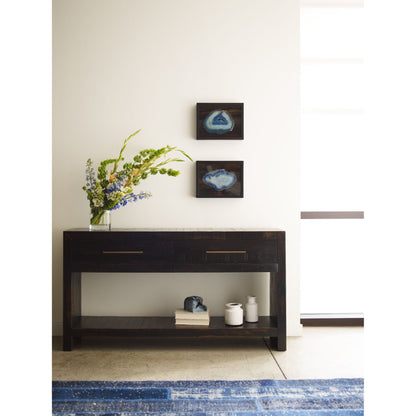 Suki Console Table by Four Hands in burnished black. Made from resawn mixed wood in a modern style.