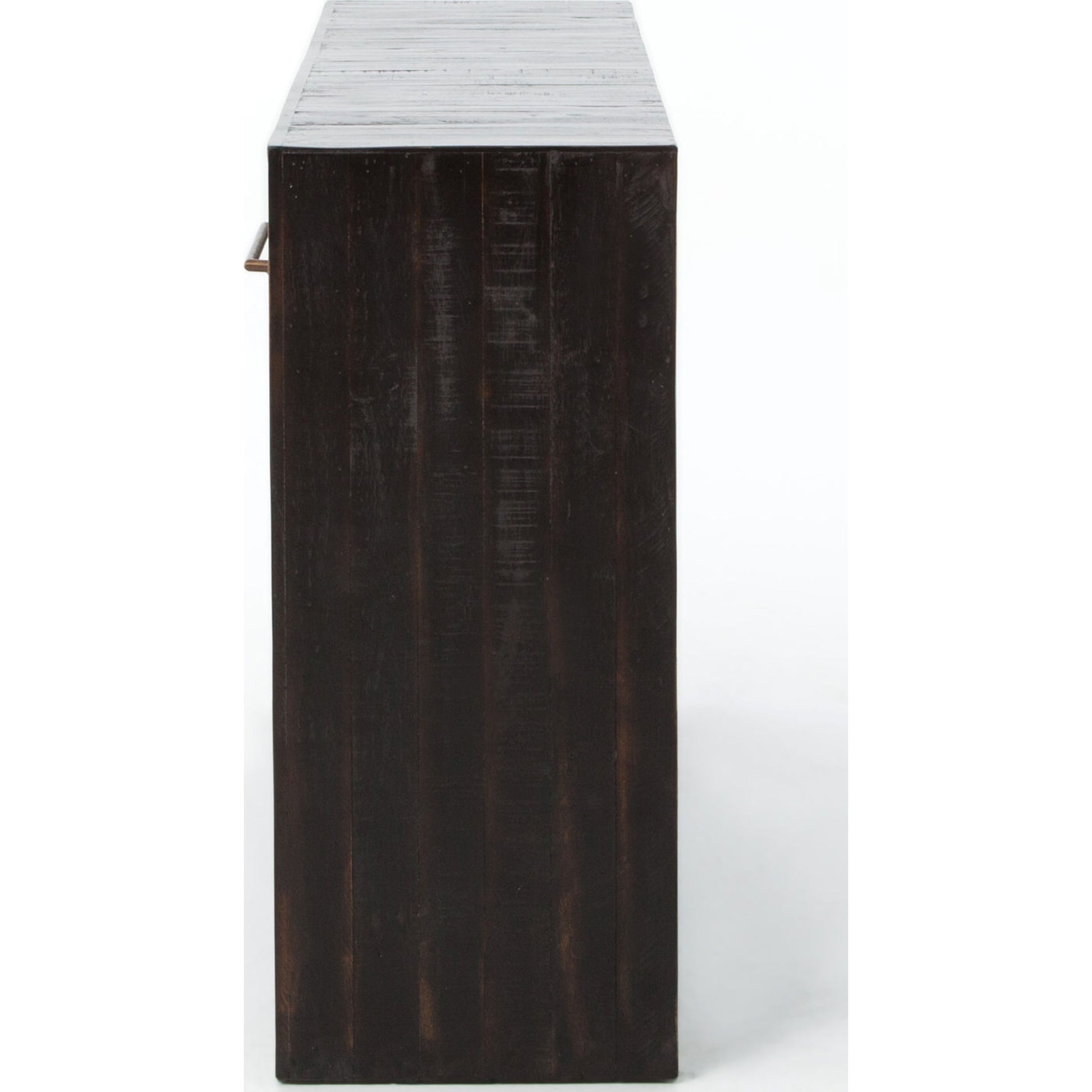 Suki Console Table by Four Hands in burnished black. Made from resawn mixed wood in a modern style.