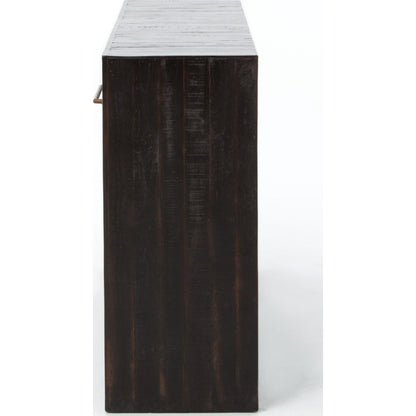 Suki Console Table by Four Hands in burnished black. Made from resawn mixed wood in a modern style.