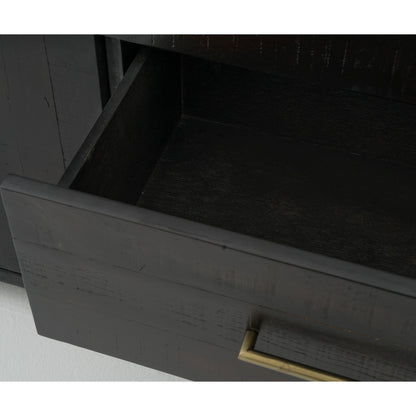 Suki Large Media Console by Four Hands in burnished black. Made from resawn mixed wood, mixed wood solid in a modern style.