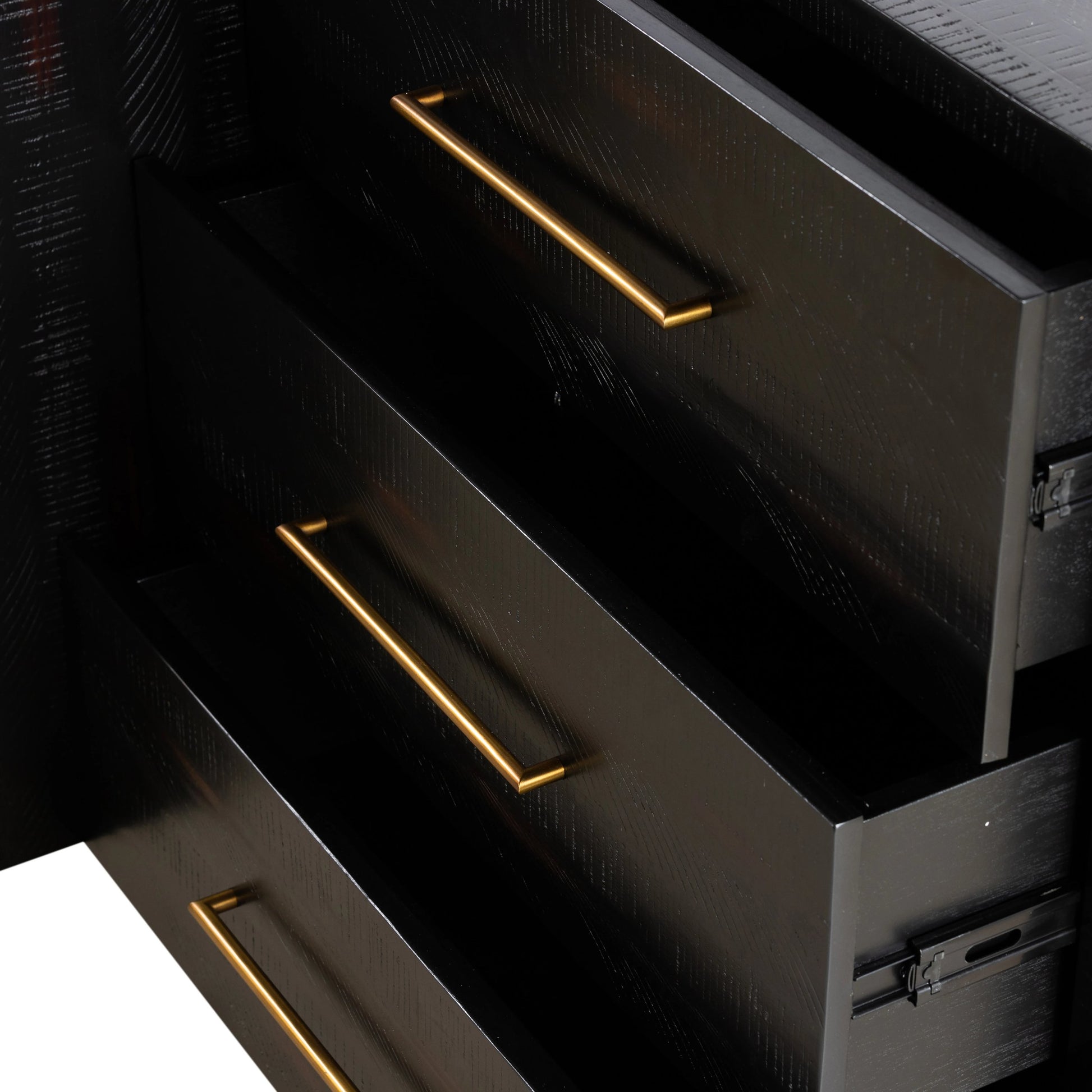 Suki Large Media Console by Four Hands in burnished black. Made from resawn mixed wood, mixed wood solid in a modern style.