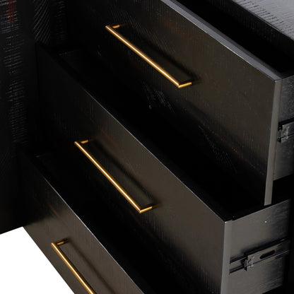 Suki Large Media Console by Four Hands in burnished black. Made from resawn mixed wood, mixed wood solid in a modern style.