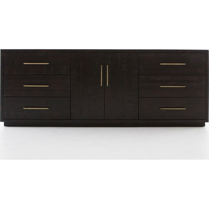 Suki Large Media Console by Four Hands in burnished black. Made from resawn mixed wood, mixed wood solid in a modern style.