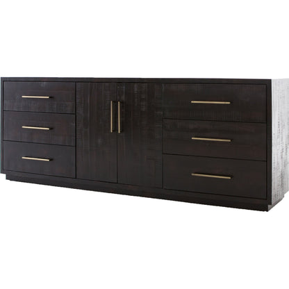 Suki Large Media Console by Four Hands in burnished black. Made from resawn mixed wood, mixed wood solid in a modern style.