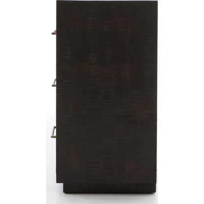Suki Large Media Console by Four Hands in burnished black. Made from resawn mixed wood, mixed wood solid in a modern style.