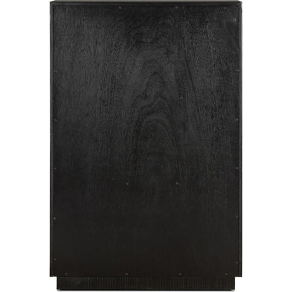 Suki Tall Boy by Four Hands in burnished black. Made from resawn mixed wood, mixed wood solid in a modern style.