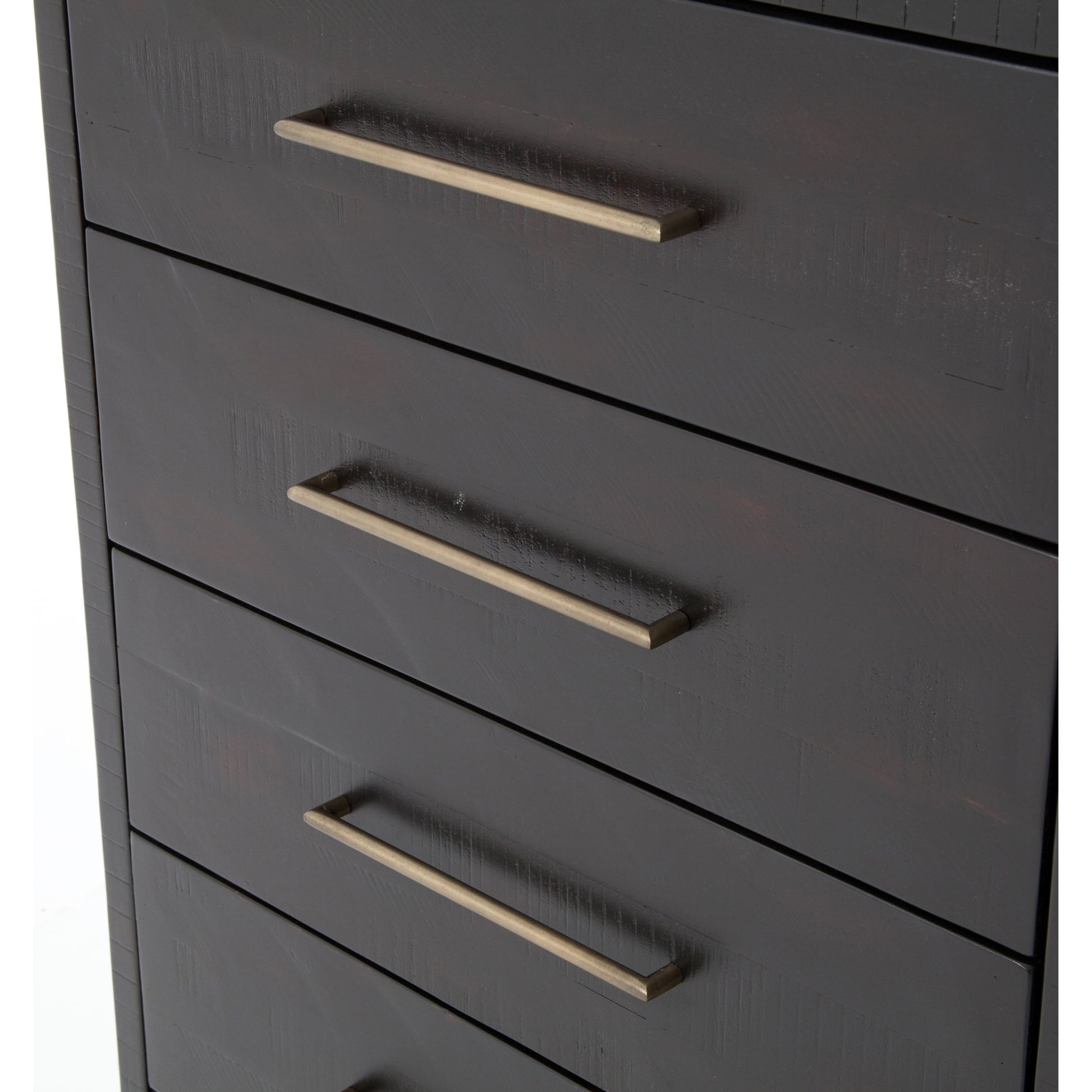 Suki Tall Boy by Four Hands in burnished black. Made from resawn mixed wood, mixed wood solid in a modern style.