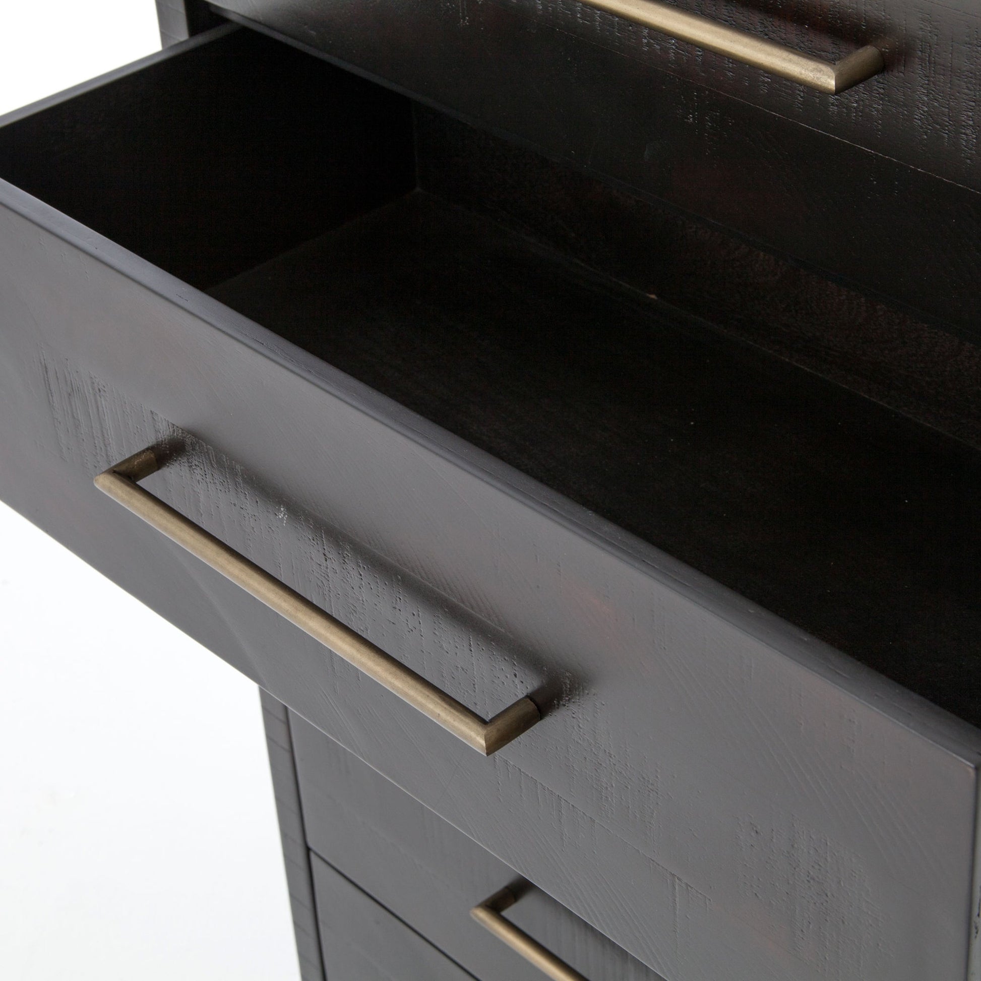Suki Tall Boy by Four Hands in burnished black. Made from resawn mixed wood, mixed wood solid in a modern style.