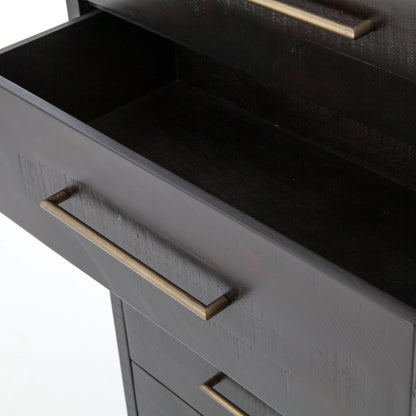 Suki Tall Boy by Four Hands in burnished black. Made from resawn mixed wood, mixed wood solid in a modern style.