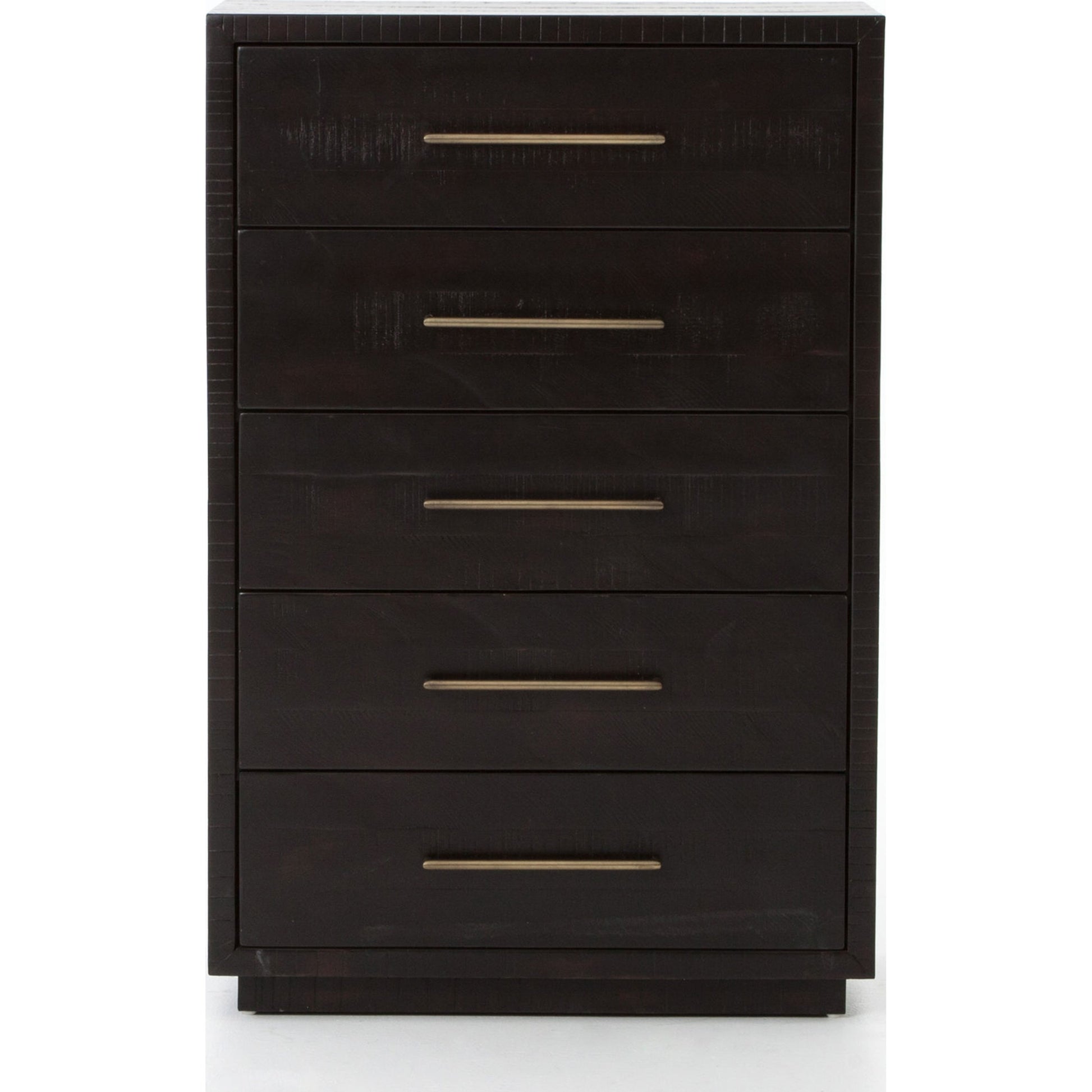 Suki Tall Boy by Four Hands in burnished black. Made from resawn mixed wood, mixed wood solid in a modern style.