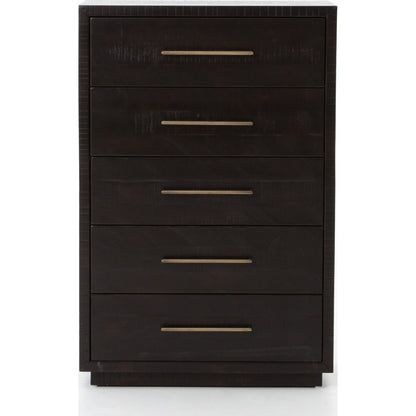 Suki Tall Boy by Four Hands in burnished black. Made from resawn mixed wood, mixed wood solid in a modern style.