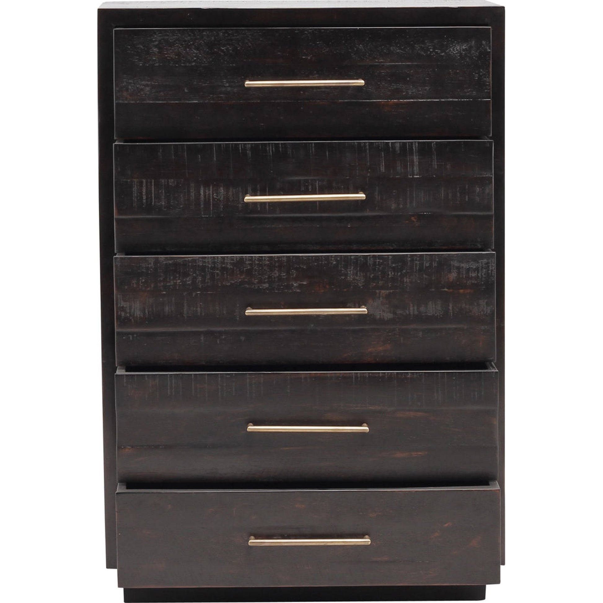 Suki Tall Boy by Four Hands in burnished black. Made from resawn mixed wood, mixed wood solid in a modern style.