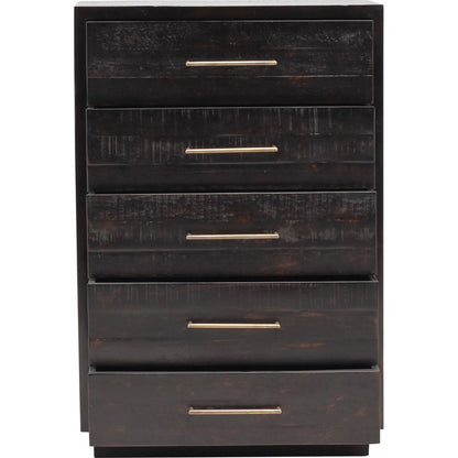 Suki Tall Boy by Four Hands in burnished black. Made from resawn mixed wood, mixed wood solid in a modern style.