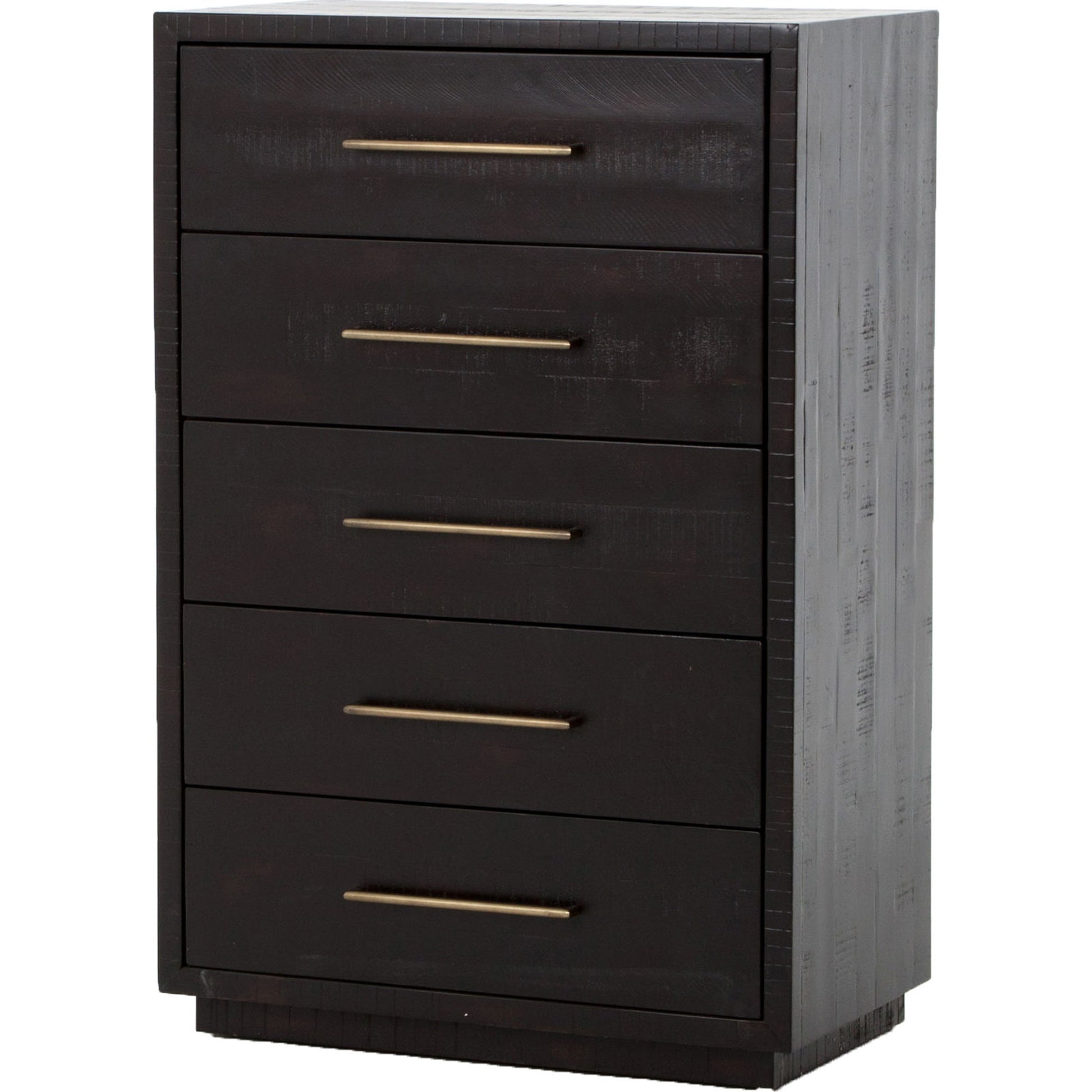 Suki Tall Boy by Four Hands in burnished black. Made from resawn mixed wood, mixed wood solid in a modern style.