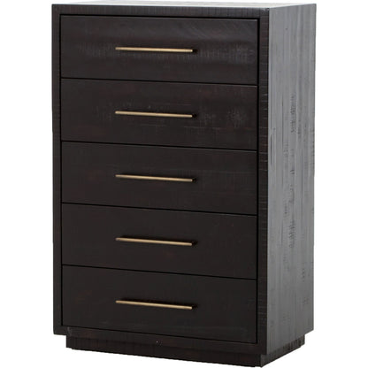 Suki Tall Boy by Four Hands in burnished black. Made from resawn mixed wood, mixed wood solid in a modern style.