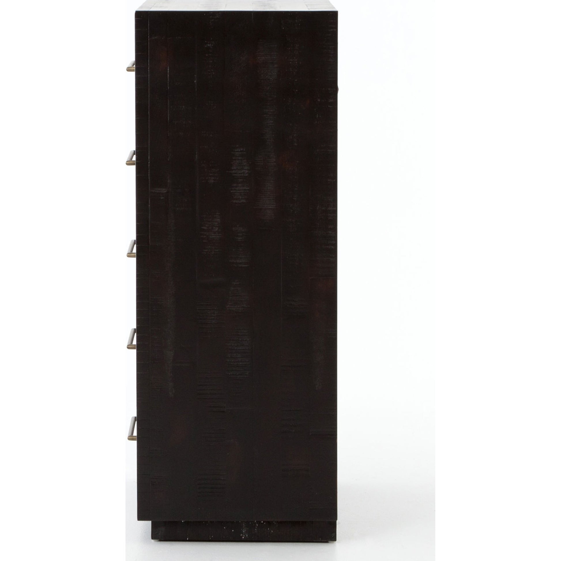 Suki Tall Boy by Four Hands in burnished black. Made from resawn mixed wood, mixed wood solid in a modern style.