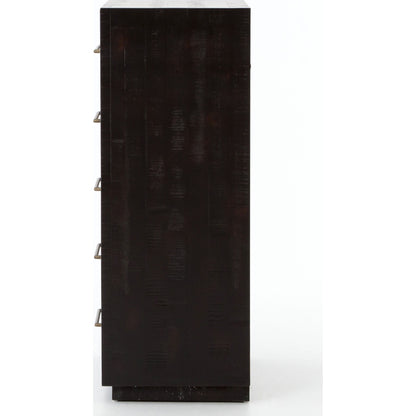 Suki Tall Boy by Four Hands in burnished black. Made from resawn mixed wood, mixed wood solid in a modern style.