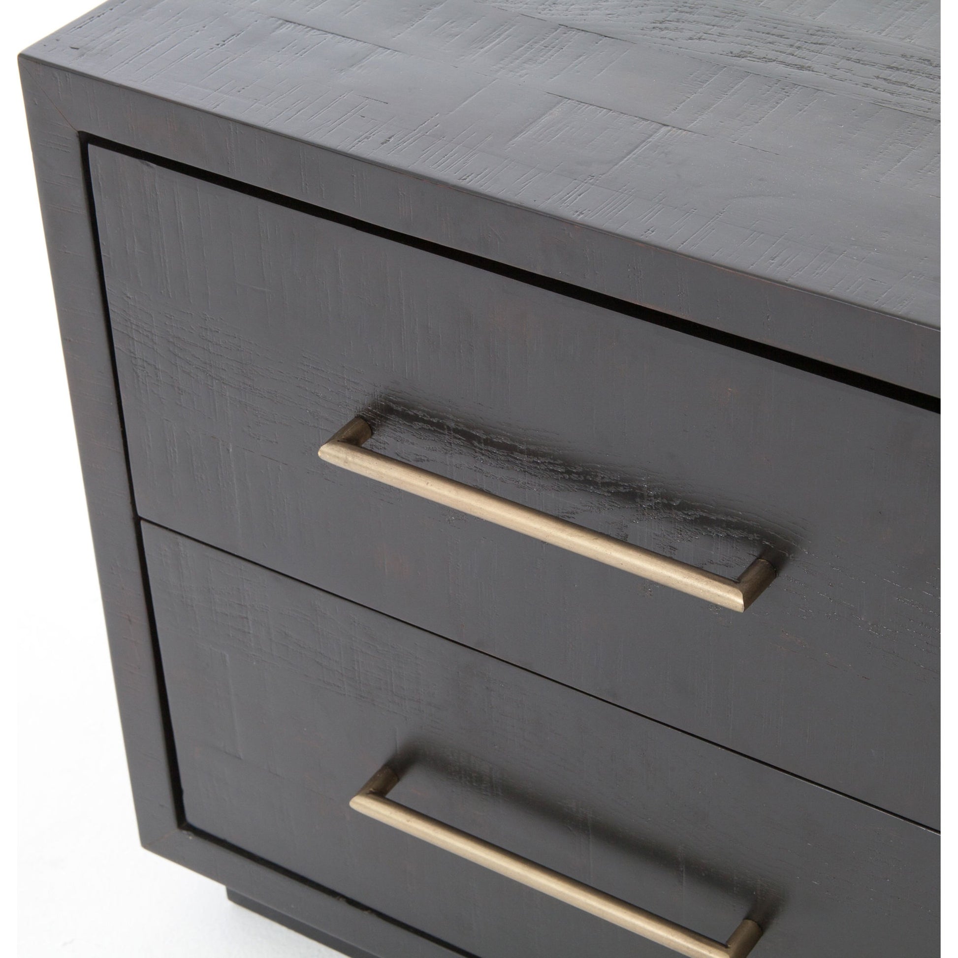Suki Nightstand by Four Hands in burnished black, brass (alexa hardware) and burnished black. Made from resawn mixed wood in a modern style.