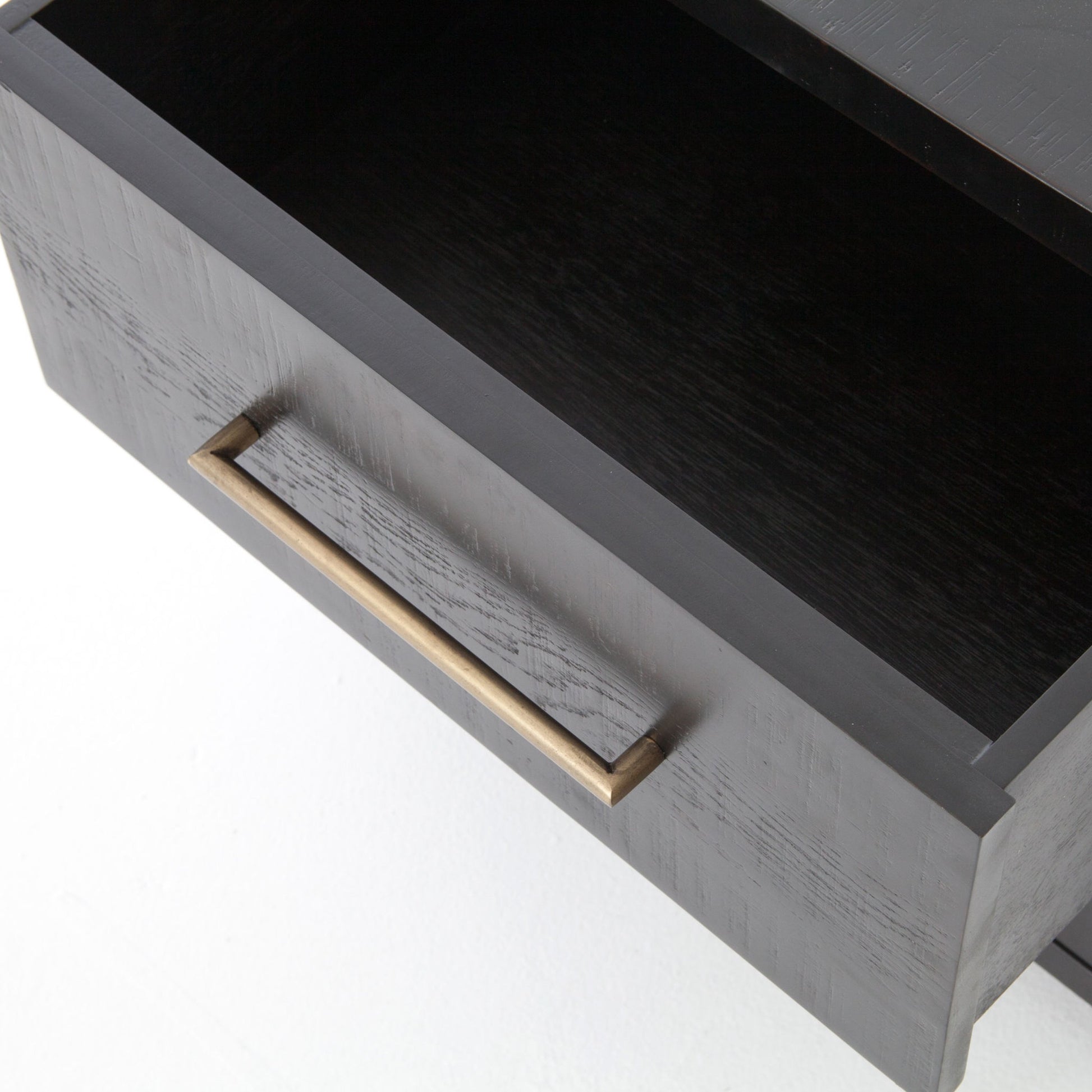 Suki Nightstand by Four Hands in burnished black, brass (alexa hardware) and burnished black. Made from resawn mixed wood in a modern style.
