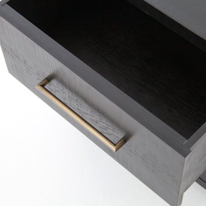Suki Nightstand by Four Hands in burnished black, brass (alexa hardware) and burnished black. Made from resawn mixed wood in a modern style.