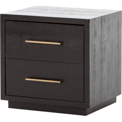 Suki Nightstand by Four Hands in burnished black, brass (alexa hardware) and burnished black. Made from resawn mixed wood in a modern style.