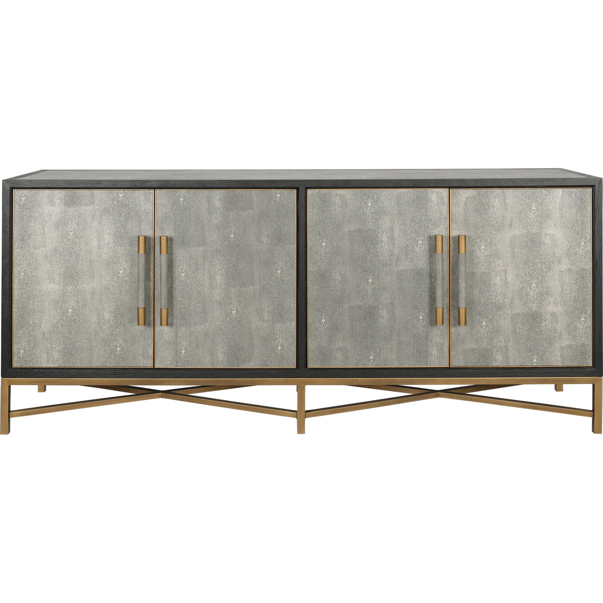 Mako Sideboard by Moe's Home Collection. Made from shagreen patterned polyurethane, solid black oak frame, brass legs, plywood on door, side panel, top panel back panel in a modern style.