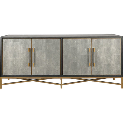 Mako Sideboard by Moe's Home Collection. Made from shagreen patterned polyurethane, solid black oak frame, brass legs, plywood on door, side panel, top panel back panel in a modern style.