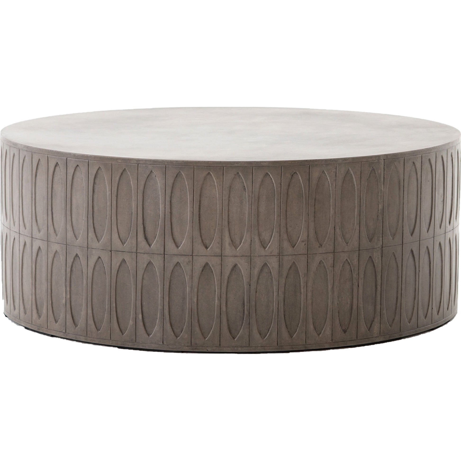 Colorado Drum Coffee Table by Four Hands in grey concrete and dark gray. Made from concrete in a eclectic & global style.