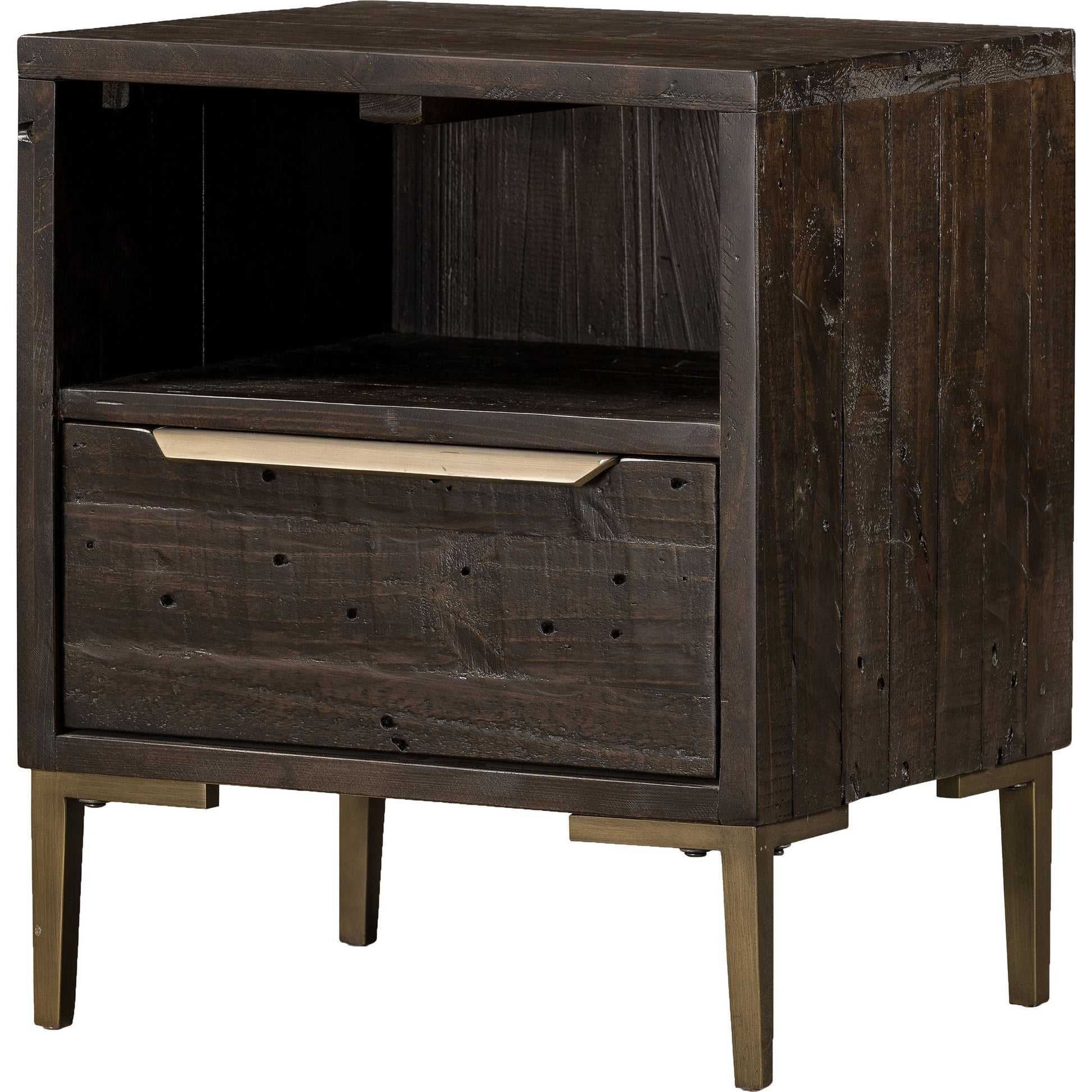 Wyeth Nightstand by Four Hands in dark carbon, antique brass. Made from solid reclaimed pine, iron in a modern style.
