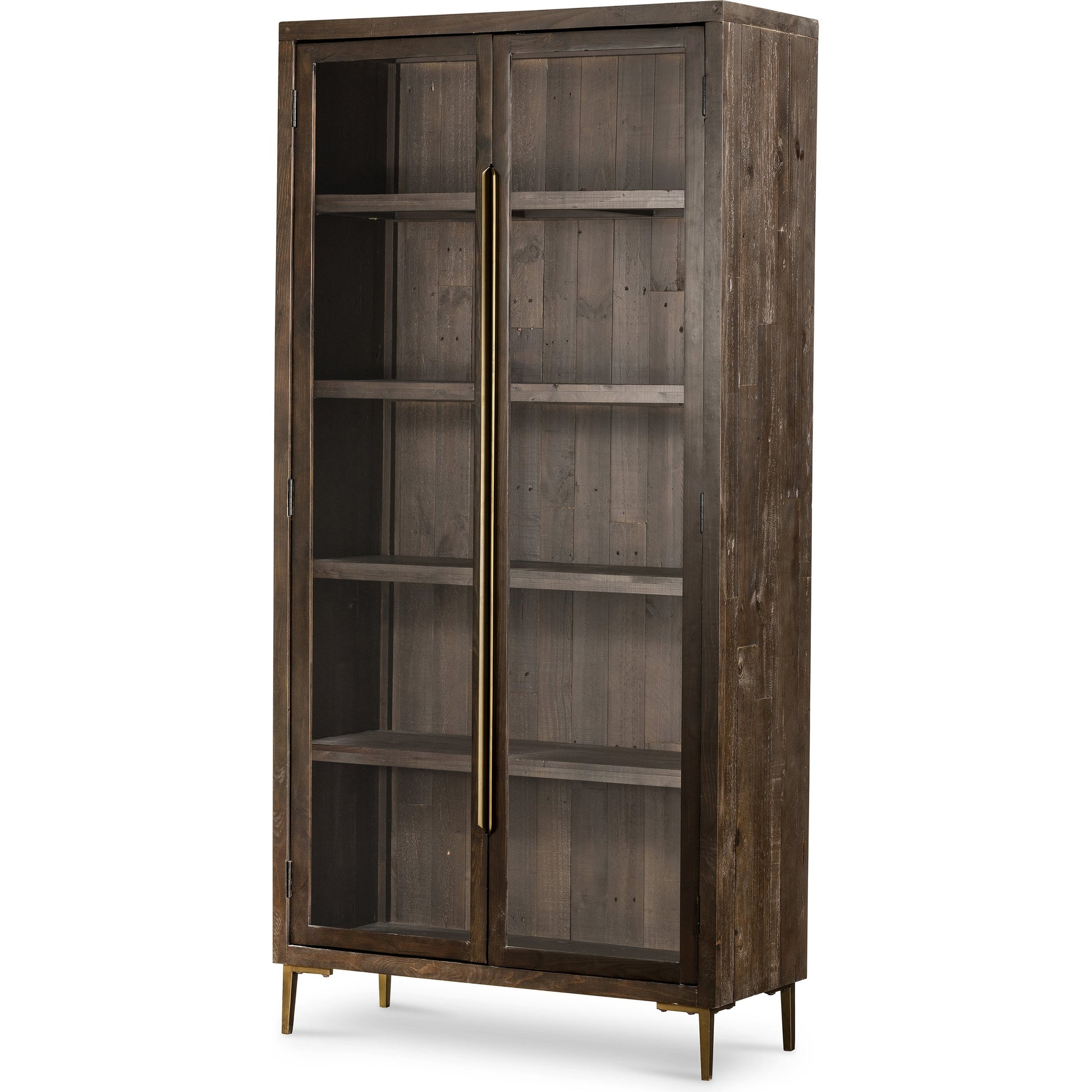 Wyeth Cabinet by Four Hands in dark carbon, tempered glass, antique brass and dark carbon. Made from solid reclaimed pine, iron in a modern style.