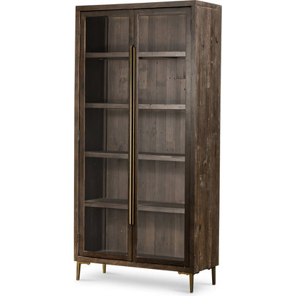 Wyeth Cabinet by Four Hands in dark carbon, tempered glass, antique brass and dark carbon. Made from solid reclaimed pine, iron in a modern style.