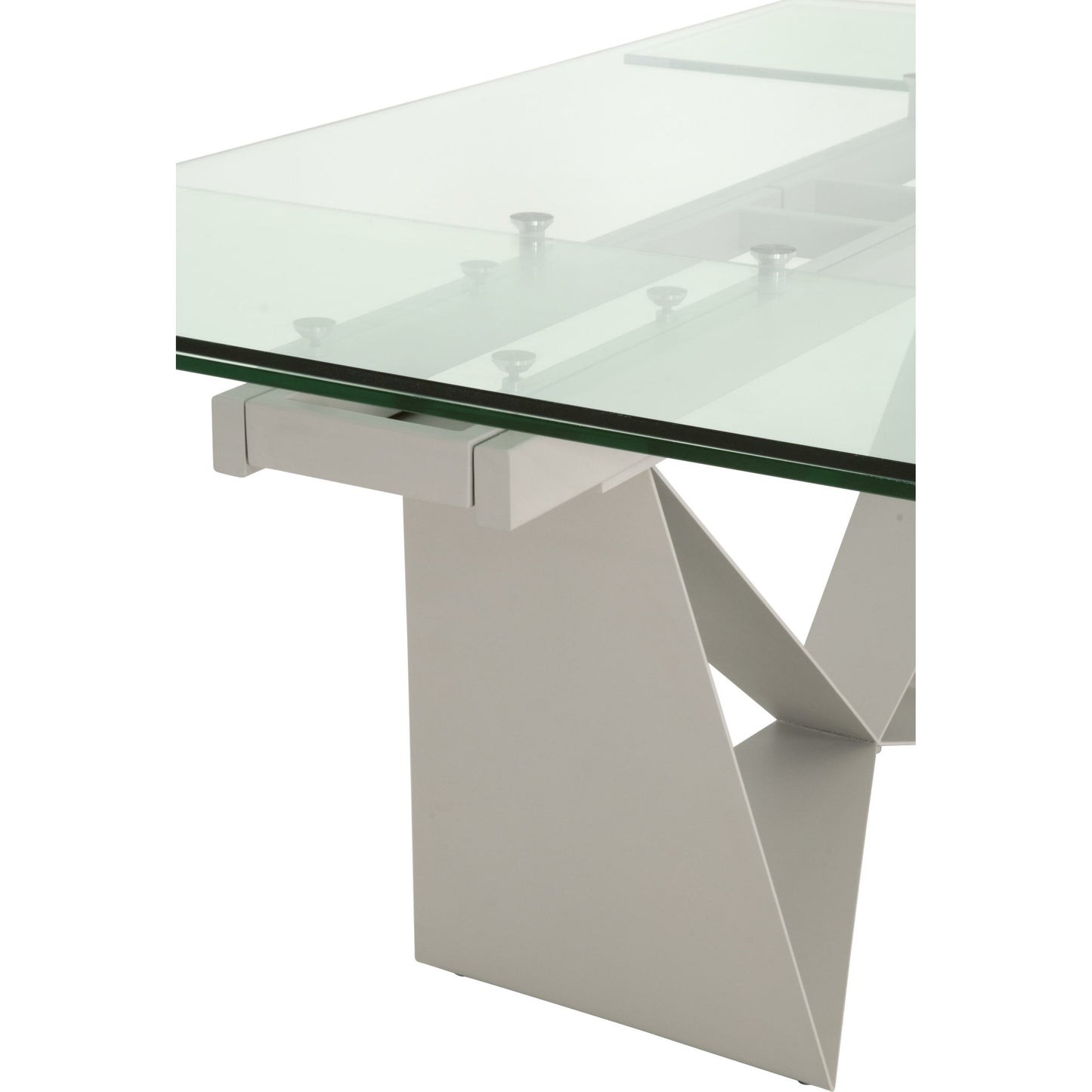 007 SR-837496 | Closeup | Vida Dining Table by Essentials For Living in matte light gray, clear glass. Made from painted a3 steel, tempered glass in a modern style.