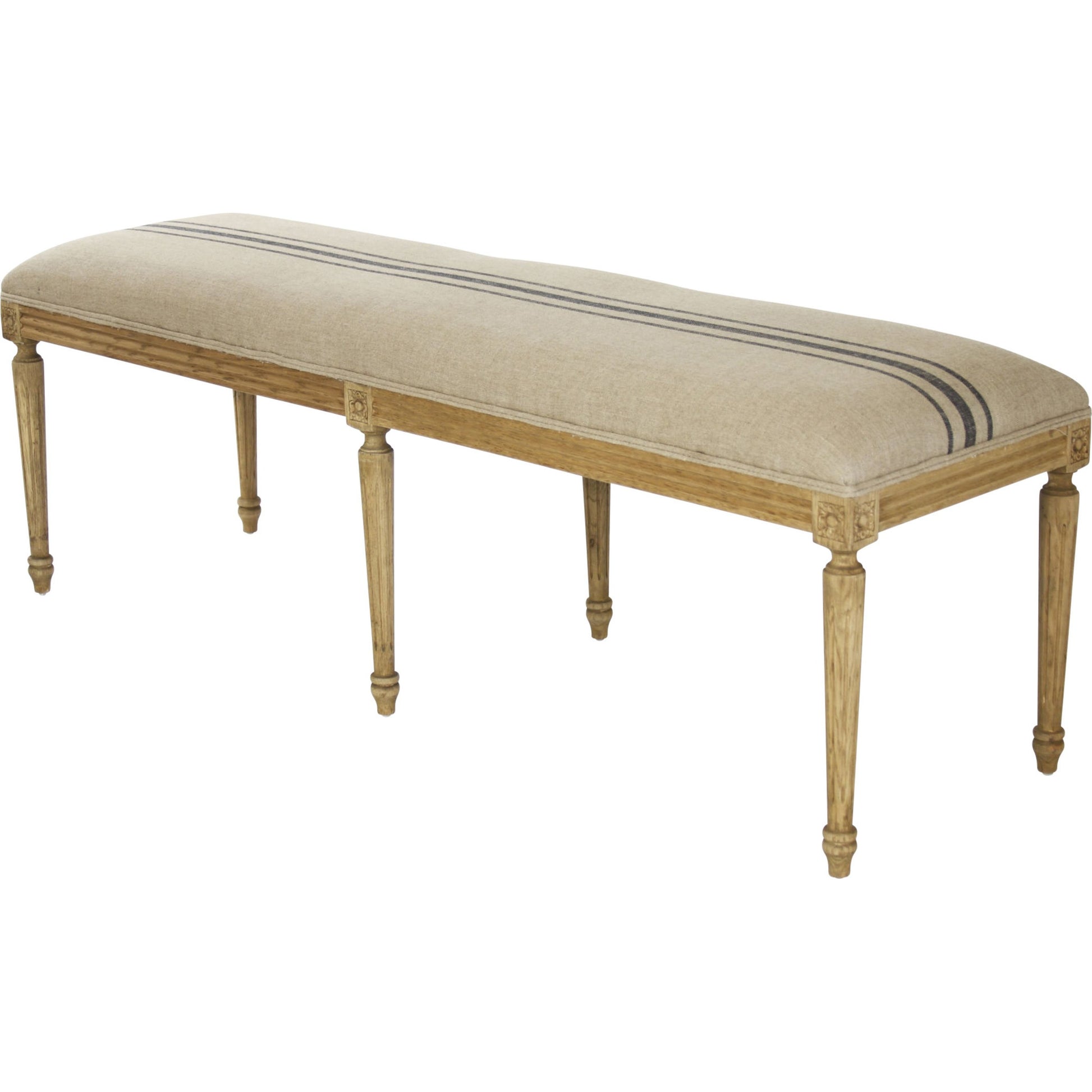 Louis Striped Bench by Zentique in english khaki linen with blue stripe and reclaimed oak. Made from reclaimed oak in a cottage & farmhouse style.