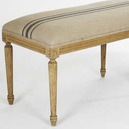 Louis Striped Bench by Zentique in english khaki linen with blue stripe and reclaimed oak. Made from reclaimed oak in a cottage & farmhouse style.