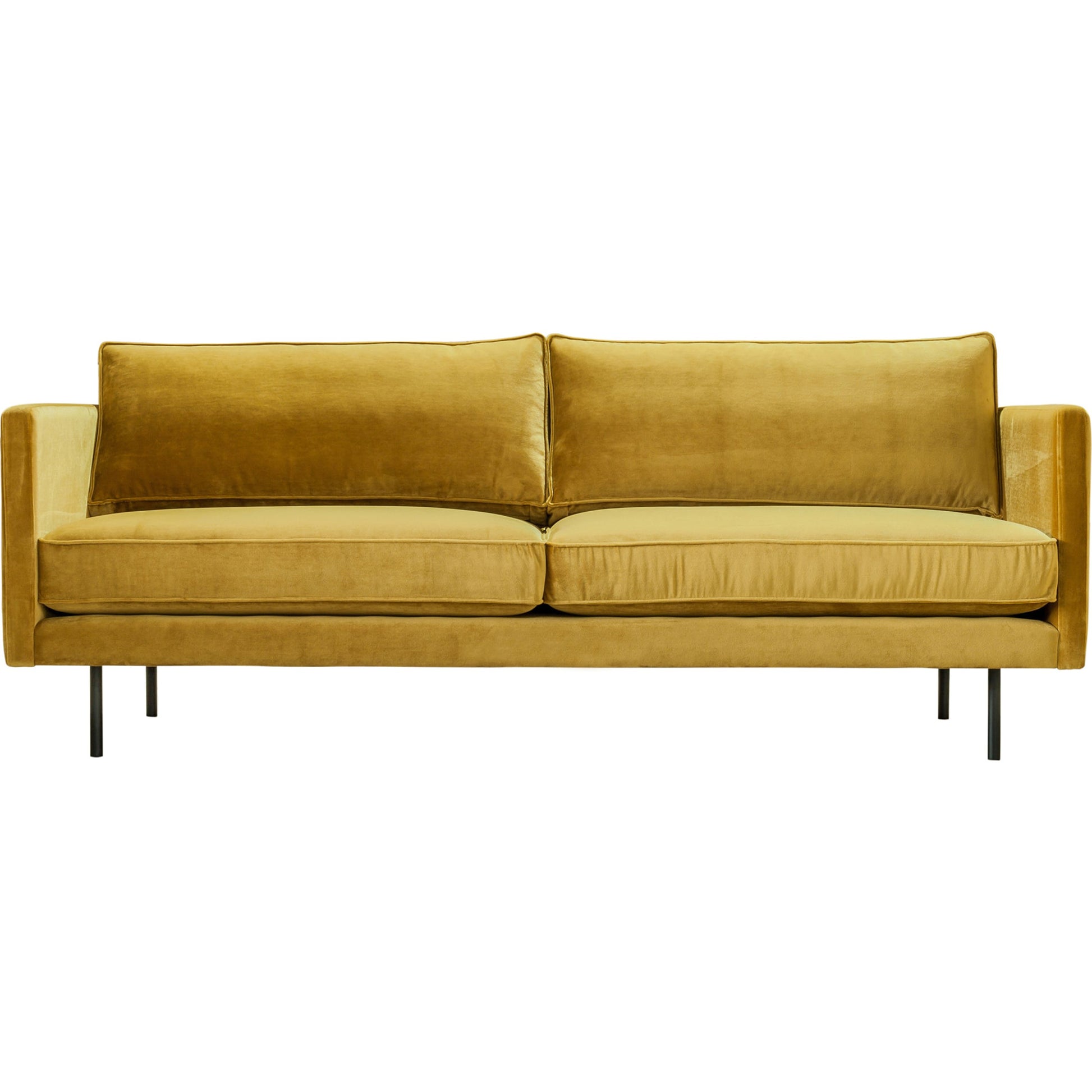Raphael Sofa by Moe's Home Collection in green. Made from upholstery: 100% polyester, solid wood, mdf frame, high density polyurethane foam, fiber-fill, down, feather filling, black powder-coated steel legs in a modern style.