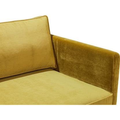 Raphael Sofa by Moe's Home Collection in green. Made from upholstery: 100% polyester, solid wood, mdf frame, high density polyurethane foam, fiber-fill, down, feather filling, black powder-coated steel legs in a modern style.