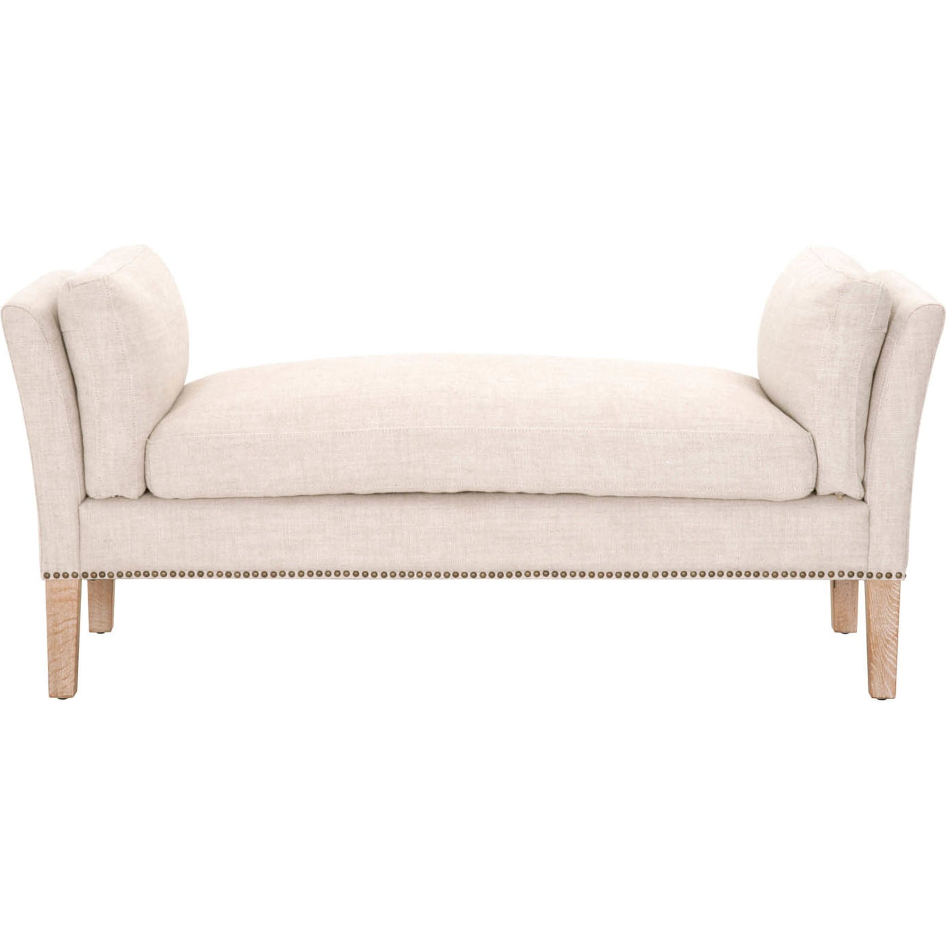 Warner Bench by Essentials For Living in natural gray ash, bisque french linen. Made from solid ash wood, plywood, 50% linen, 50% polyester fabric, foam in a traditional style.