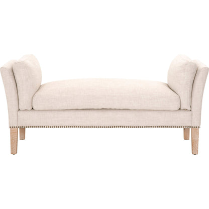 Warner Bench by Essentials For Living in natural gray ash, bisque french linen. Made from solid ash wood, plywood, 50% linen, 50% polyester fabric, foam in a traditional style.