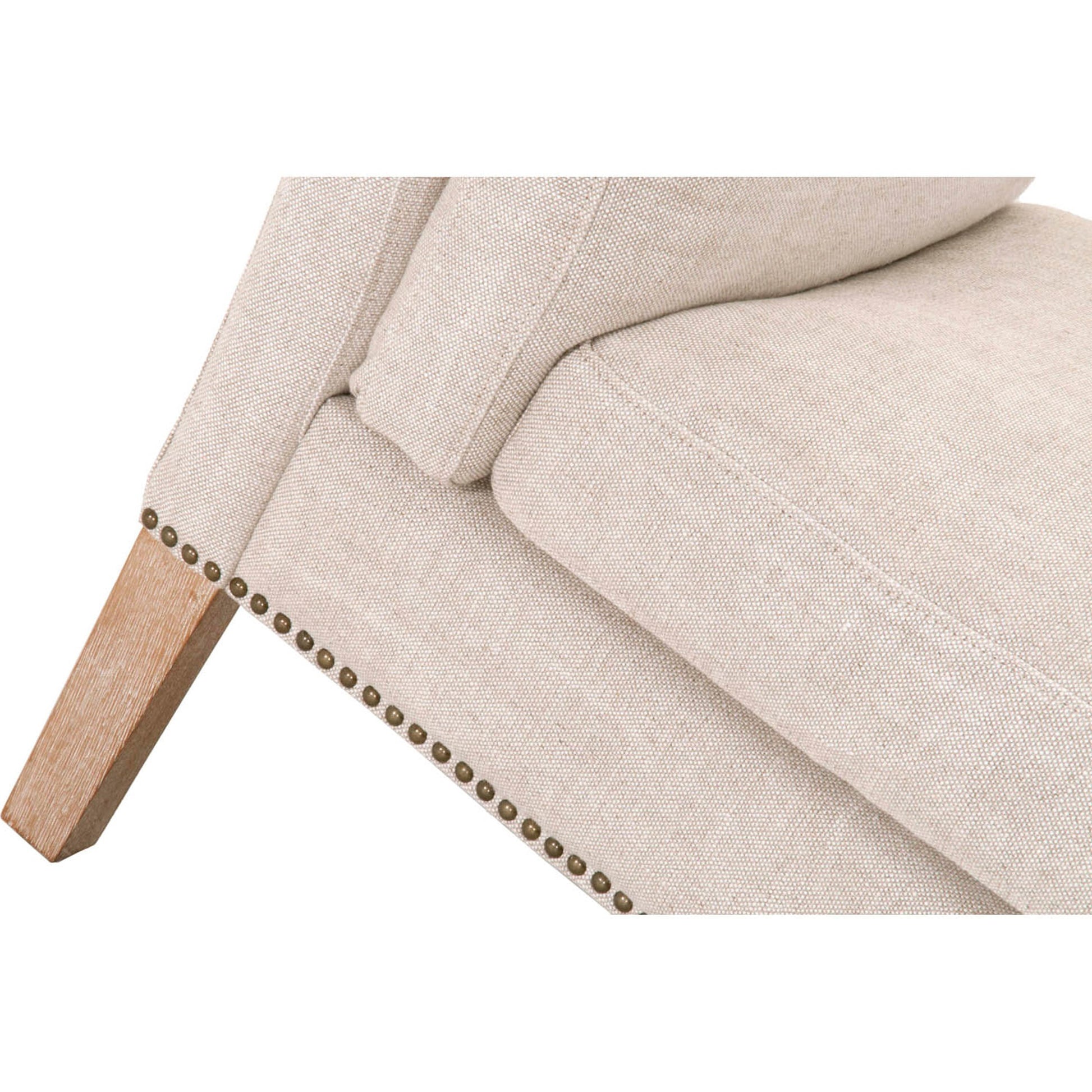 Warner Bench by Essentials For Living in natural gray ash, bisque french linen. Made from solid ash wood, plywood, 50% linen, 50% polyester fabric, foam in a traditional style.