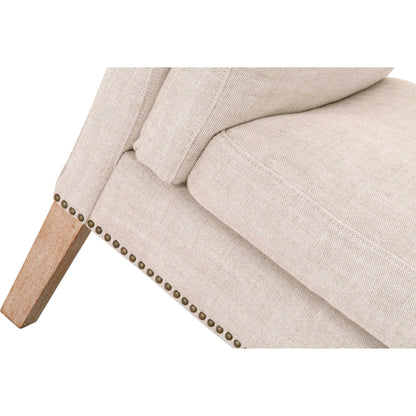 Warner Bench by Essentials For Living in natural gray ash, bisque french linen. Made from solid ash wood, plywood, 50% linen, 50% polyester fabric, foam in a traditional style.