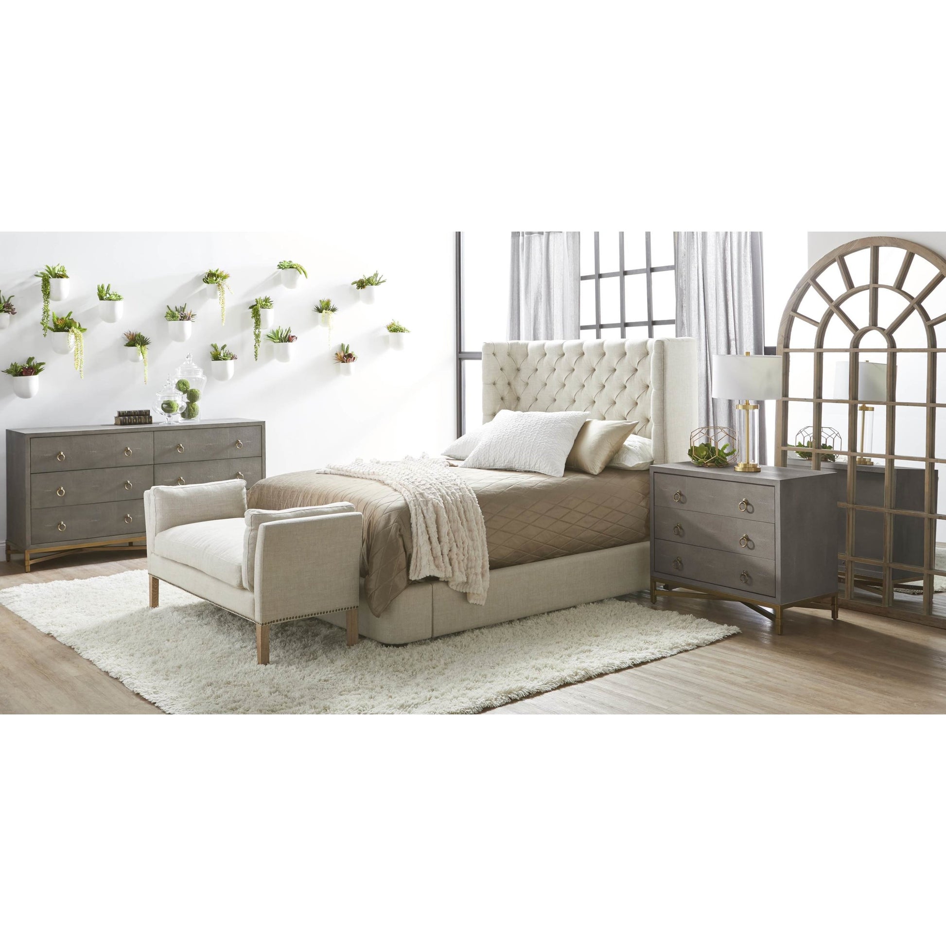 Warner Bench by Essentials For Living in natural gray ash, bisque french linen. Made from solid ash wood, plywood, 50% linen, 50% polyester fabric, foam in a traditional style.