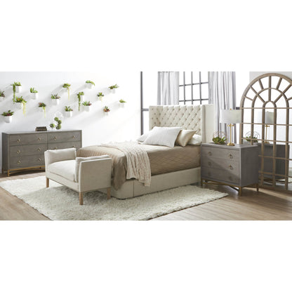 Warner Bench by Essentials For Living in natural gray ash, bisque french linen. Made from solid ash wood, plywood, 50% linen, 50% polyester fabric, foam in a traditional style.