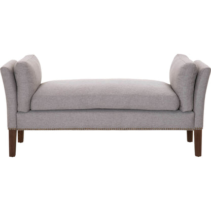 Warner Bench by Essentials For Living in natural gray ash, bisque french linen. Made from solid ash wood, plywood, 50% linen, 50% polyester fabric, foam in a traditional style.