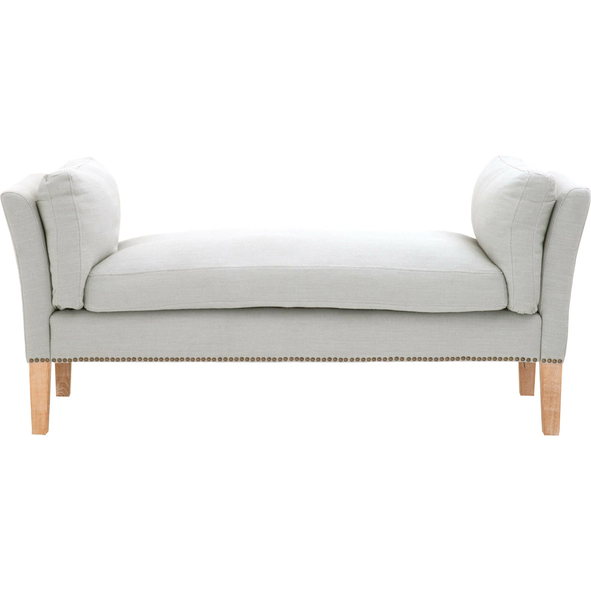 Warner Bench by Essentials For Living in natural gray ash, bisque french linen. Made from solid ash wood, plywood, 50% linen, 50% polyester fabric, foam in a traditional style.