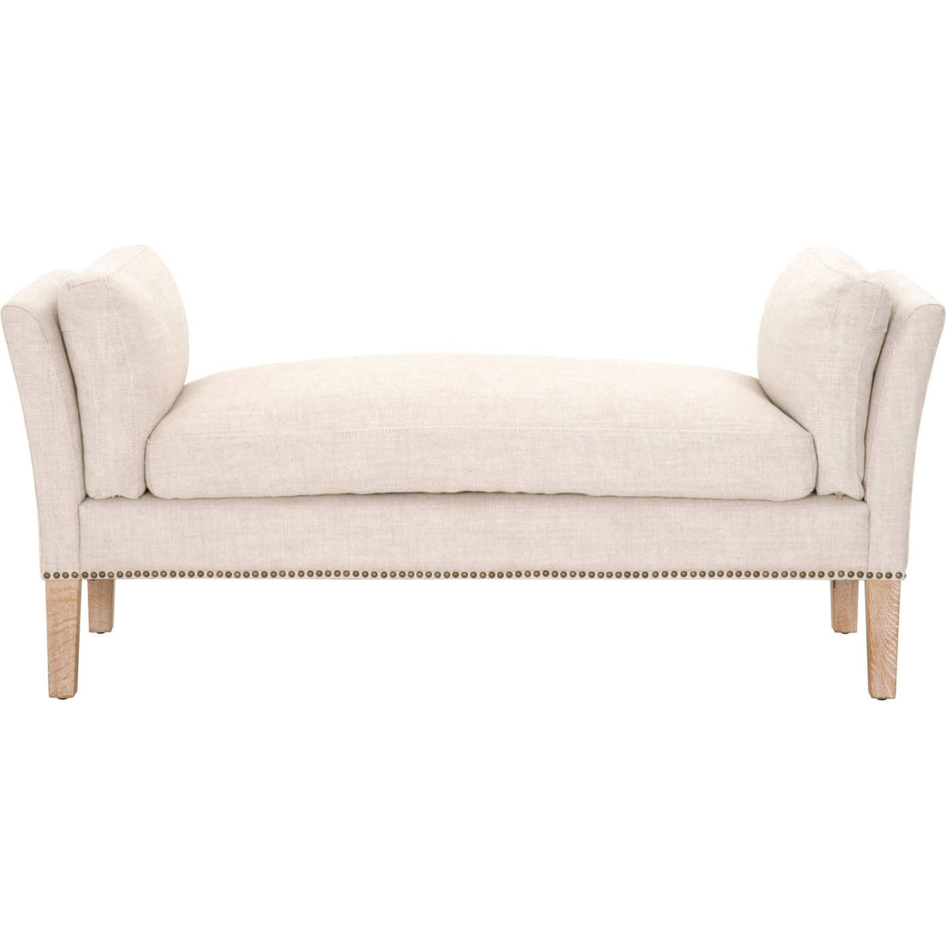 Warner Bench by Essentials For Living in natural gray ash, bisque french linen. Made from solid ash wood, plywood, 50% linen, 50% polyester fabric, foam in a traditional style.