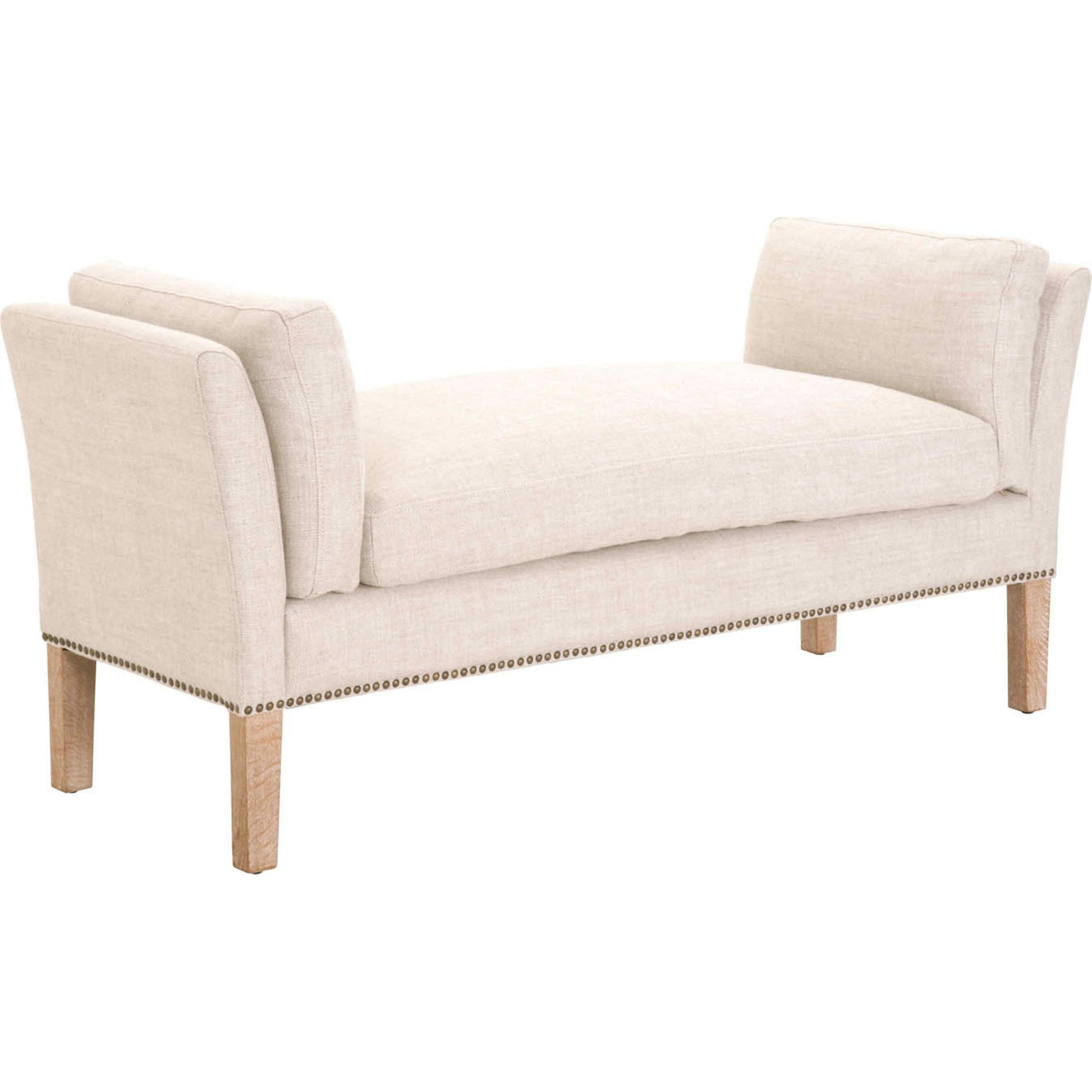 Warner Bench by Essentials For Living in natural gray ash, bisque french linen. Made from solid ash wood, plywood, 50% linen, 50% polyester fabric, foam in a traditional style.