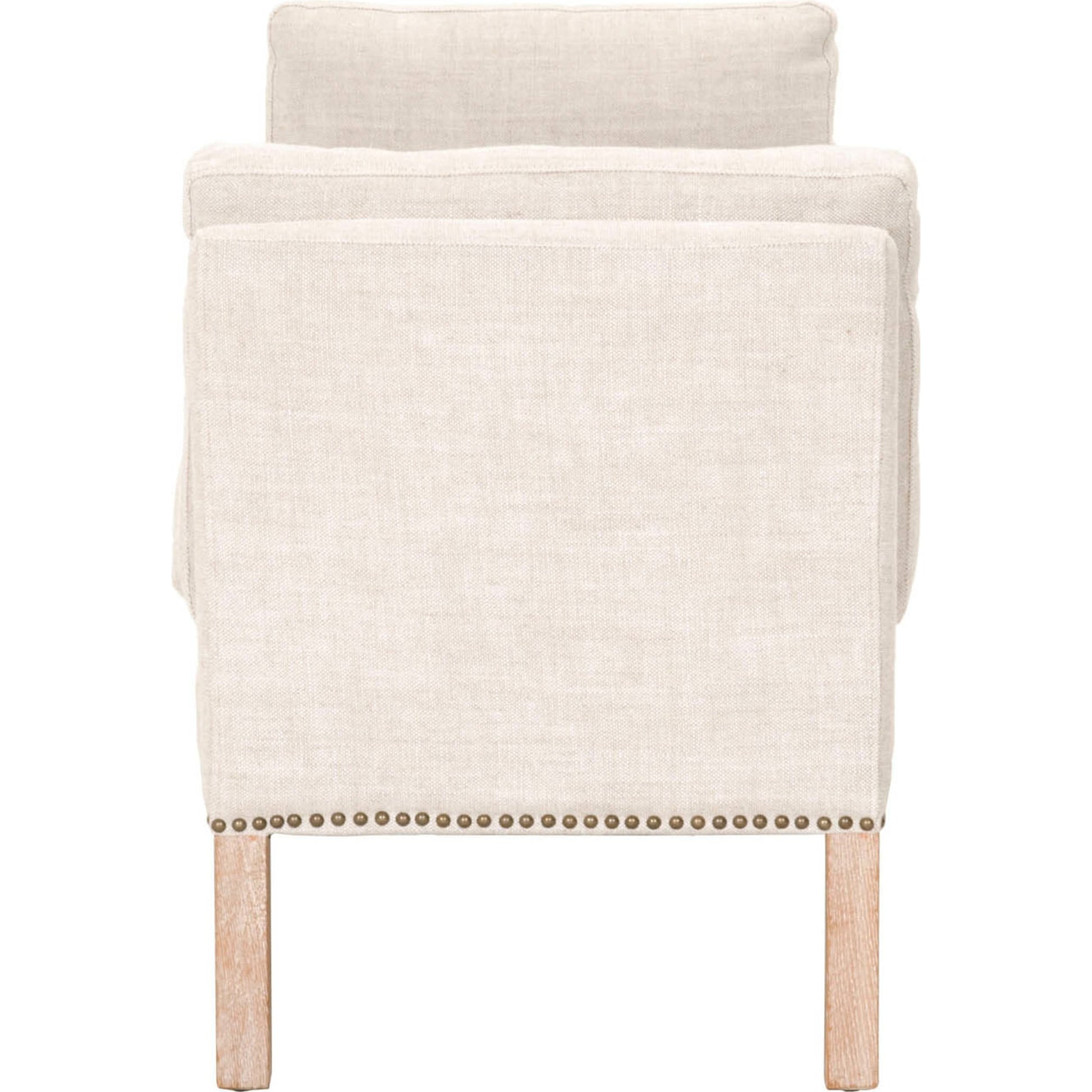 Warner Bench by Essentials For Living in natural gray ash, bisque french linen. Made from solid ash wood, plywood, 50% linen, 50% polyester fabric, foam in a traditional style.